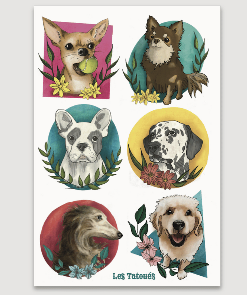 Sheet of temporary tattoos featuring six adorable dogs. 