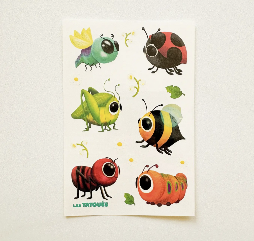 Sheet with six different friendly insects temporary tattoos. 