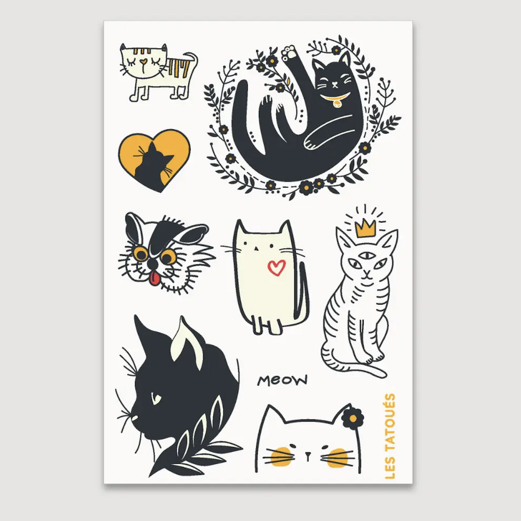 Sheet of temporary tattoos with designs of kitty cats. 