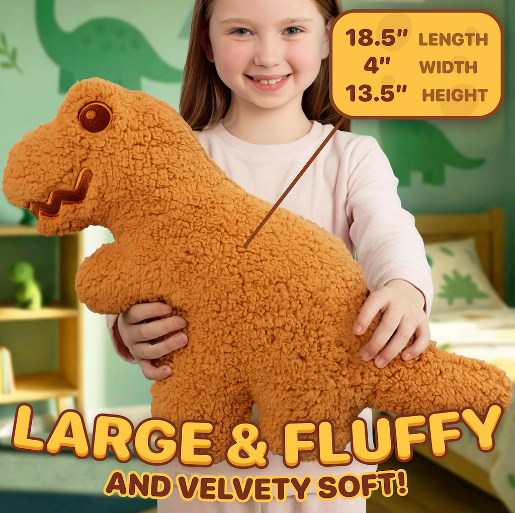 A child holding the Tender rex lush pillow from Mr. Drambeenie. With text that reads "Large and fluffy, and velvety soft. The pillow dimensions are also listed. 
