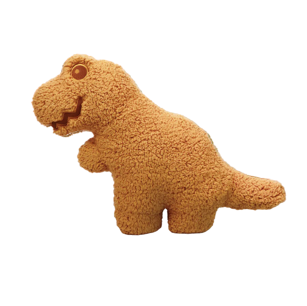 Soft and fluffy T-Rex shaped stuffed animal. With brown fur to make it look like a dino nugget. 