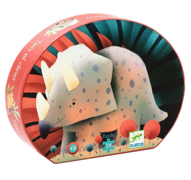 Rounded box with image of Teo the Dinosaur character from the 24 piece puzzle.