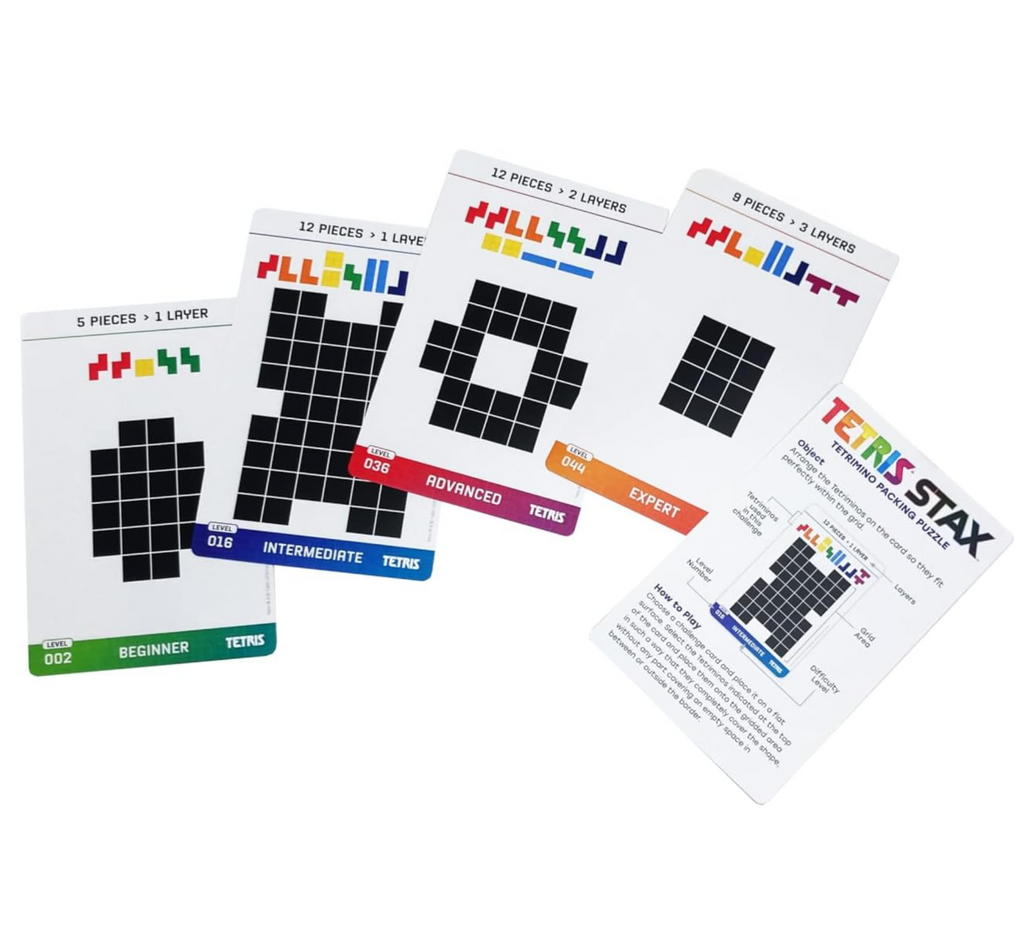 Instruction card for Tetris Stax game with challenge cards for all four levels. 