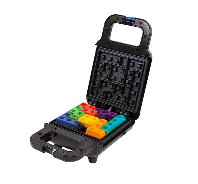 Tetris Tetrimino Waffle Maker with colored batter used to highlight the different waffle shapes that can be made. 