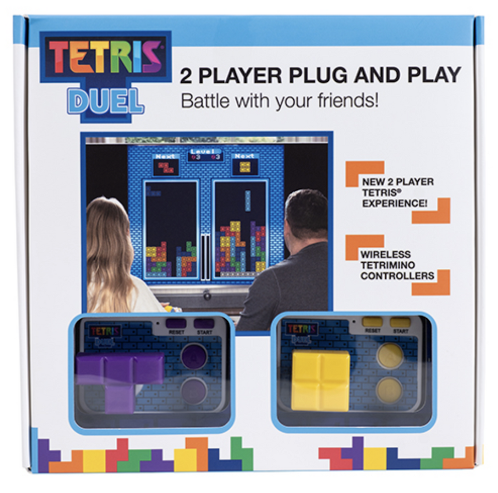Tetris Duel 2 Player Plug and Play box with a picture of two people playing Tetris on a big screen and small clear windows that show the two wireless controllers that come with the game. 