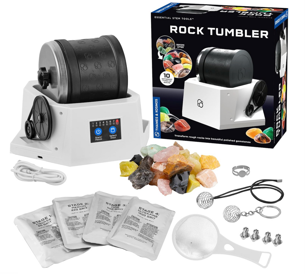 Thames and Kosmos Rock Tumbler with the rough rocks, four polishing grits, jewelry settings and  clasps. 