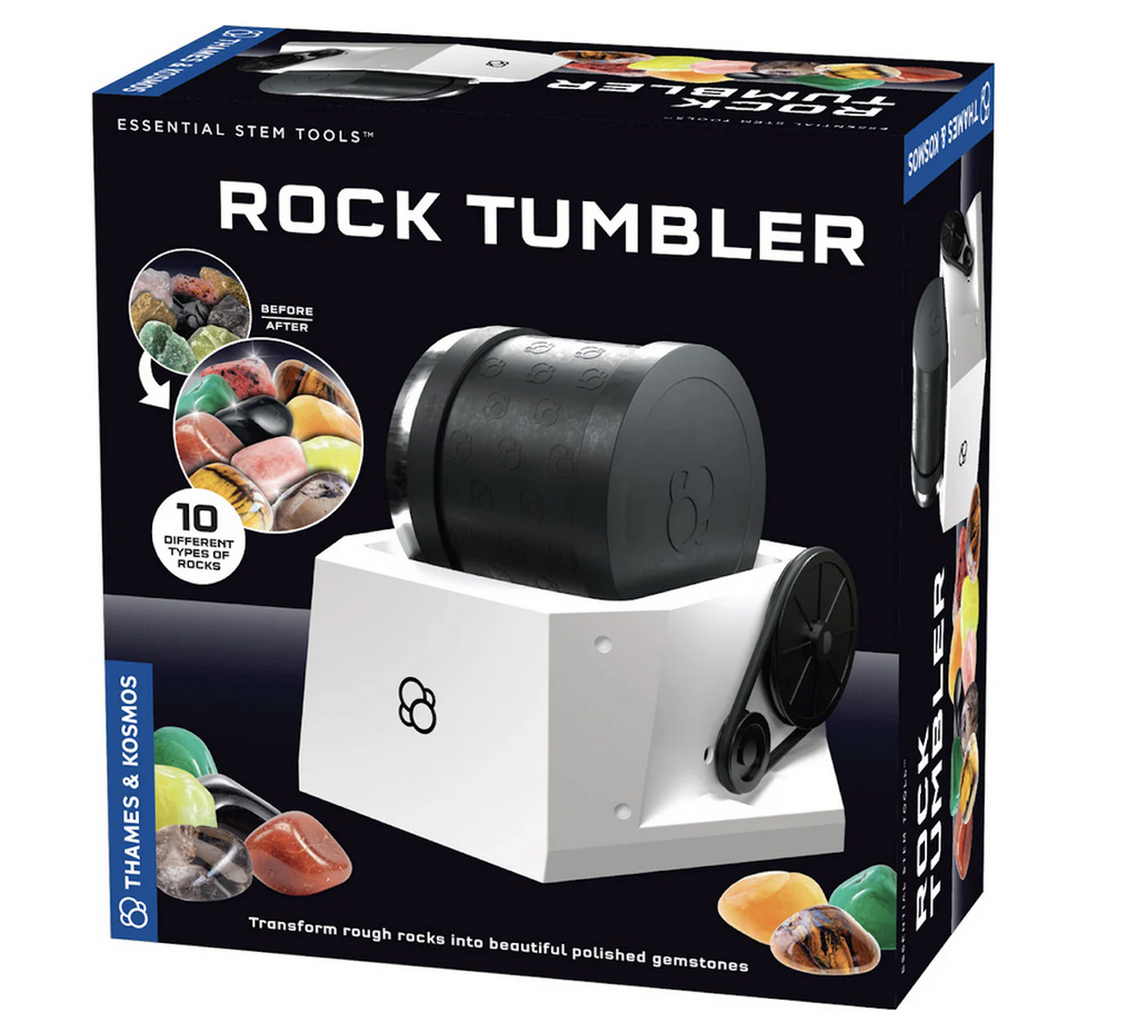 Thames and Kosmos Rock tumbler packaged in a black box featuring pictures of the rock tumbler with insert pictures of rocks before and after being polished in the tumbler. 