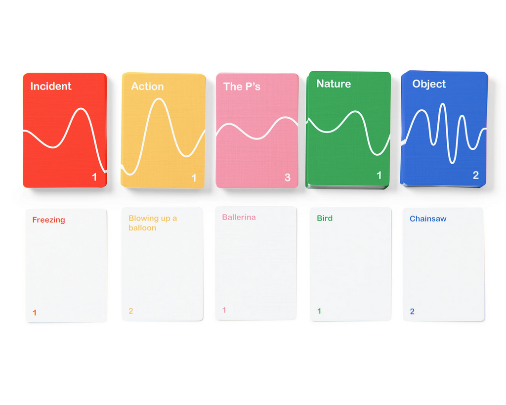 Set of six colorful cards from the That Sound Game Family Edition, each have a subject written on the card with cards below that all have actions written on them in corresponding colors. 