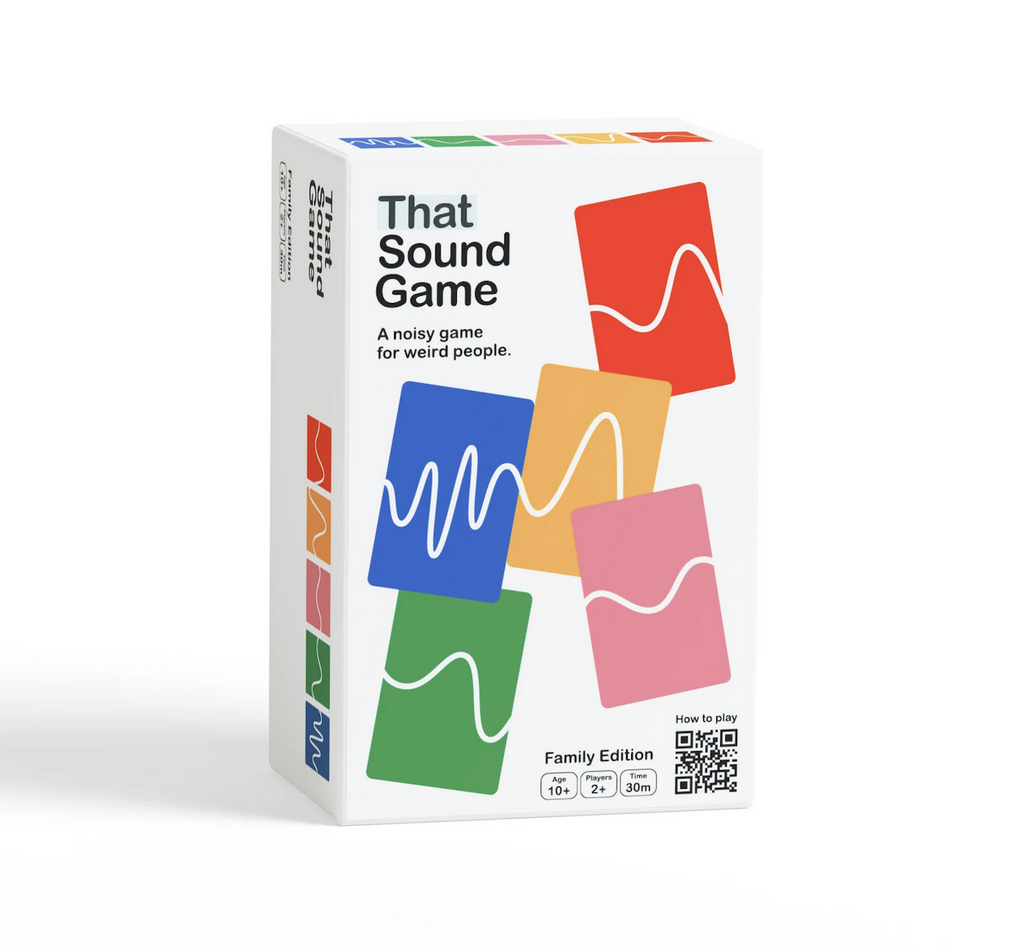 That Sound Game Family Edition box cover with bright, primary colored cards that have a sound wave traveling through each one. 