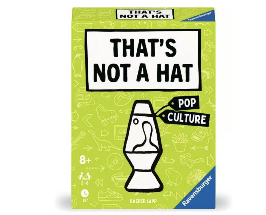 That's Not a Hat 2 Pop Culture game box. Box is green  with a black and white lava lamp drawing and black and white text.