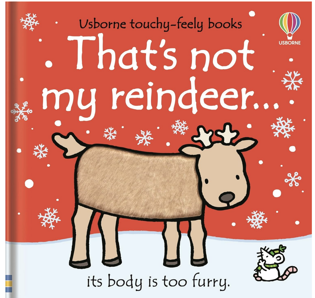 Illustrated cover of "That's not my reindeer...." with an illustration of an animal with fuzzy fur standing in the snow. 