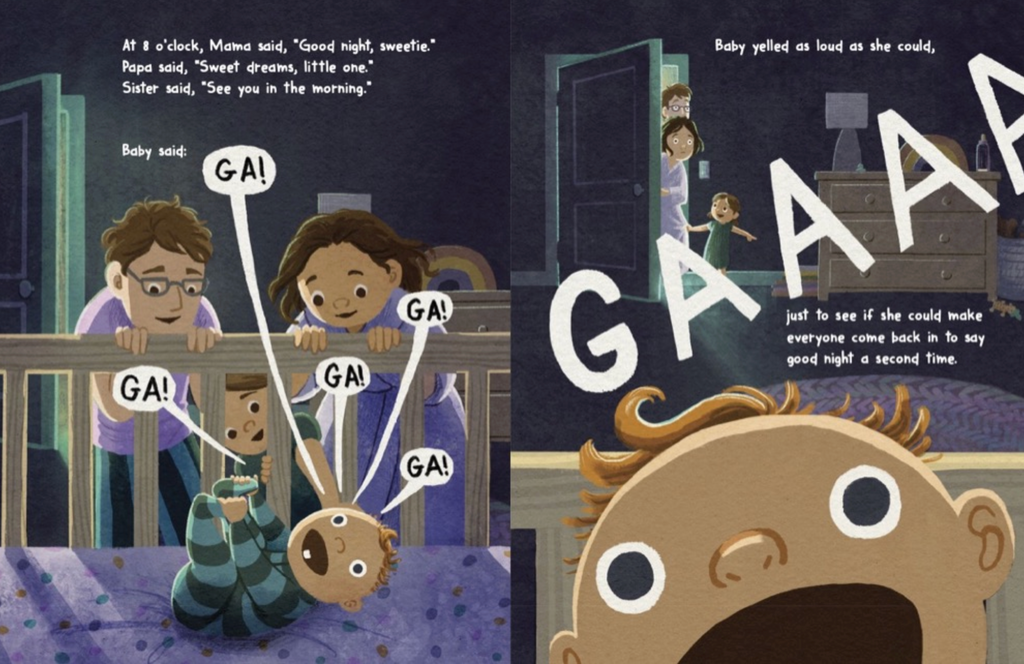 Illustrated book page with a family putting a child in a crib, featuring text and sound effects.