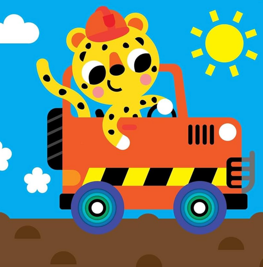 Interior page from The Big Dig with an illustration of a tiger driving an ornage work truck. 