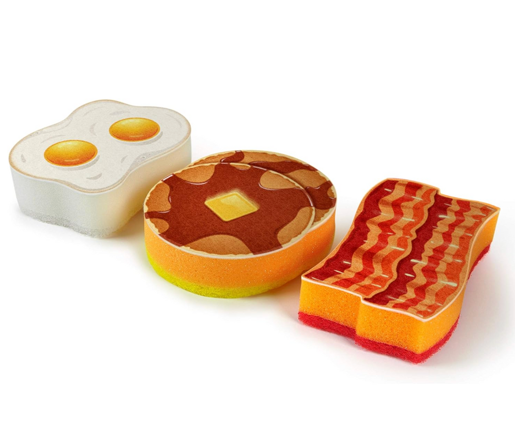 Set of three sponges shaped like bacon, pancakes and fried eggs. 