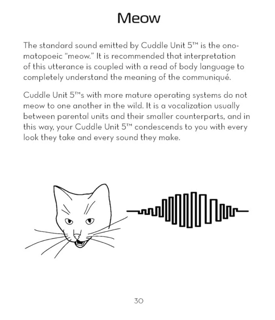 An excerpt page from The Cat Operator's Manual explaining the meow. With a line drawing of a cat and a sound wave. 