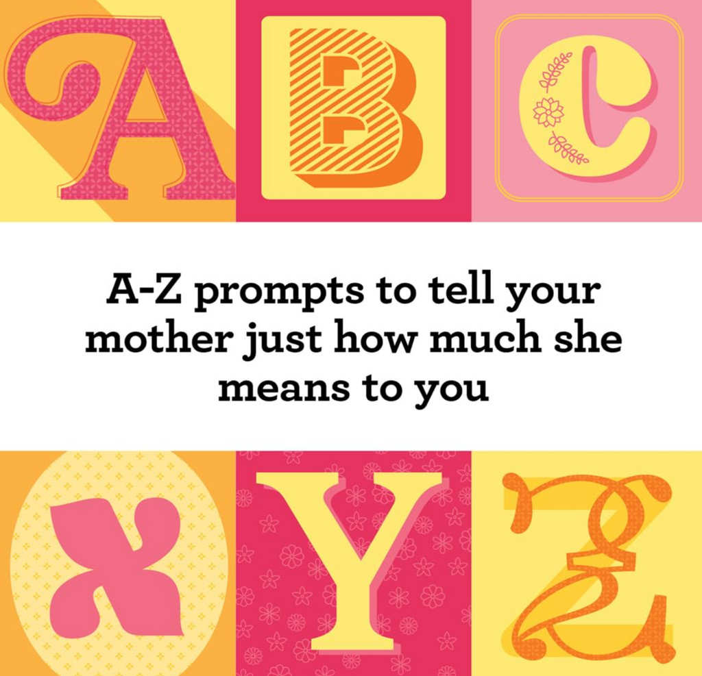 Letters A,B,C,X,Y and Z in decorative style with the explanation "A-Z prompts to tell your mother just how much she means to you"