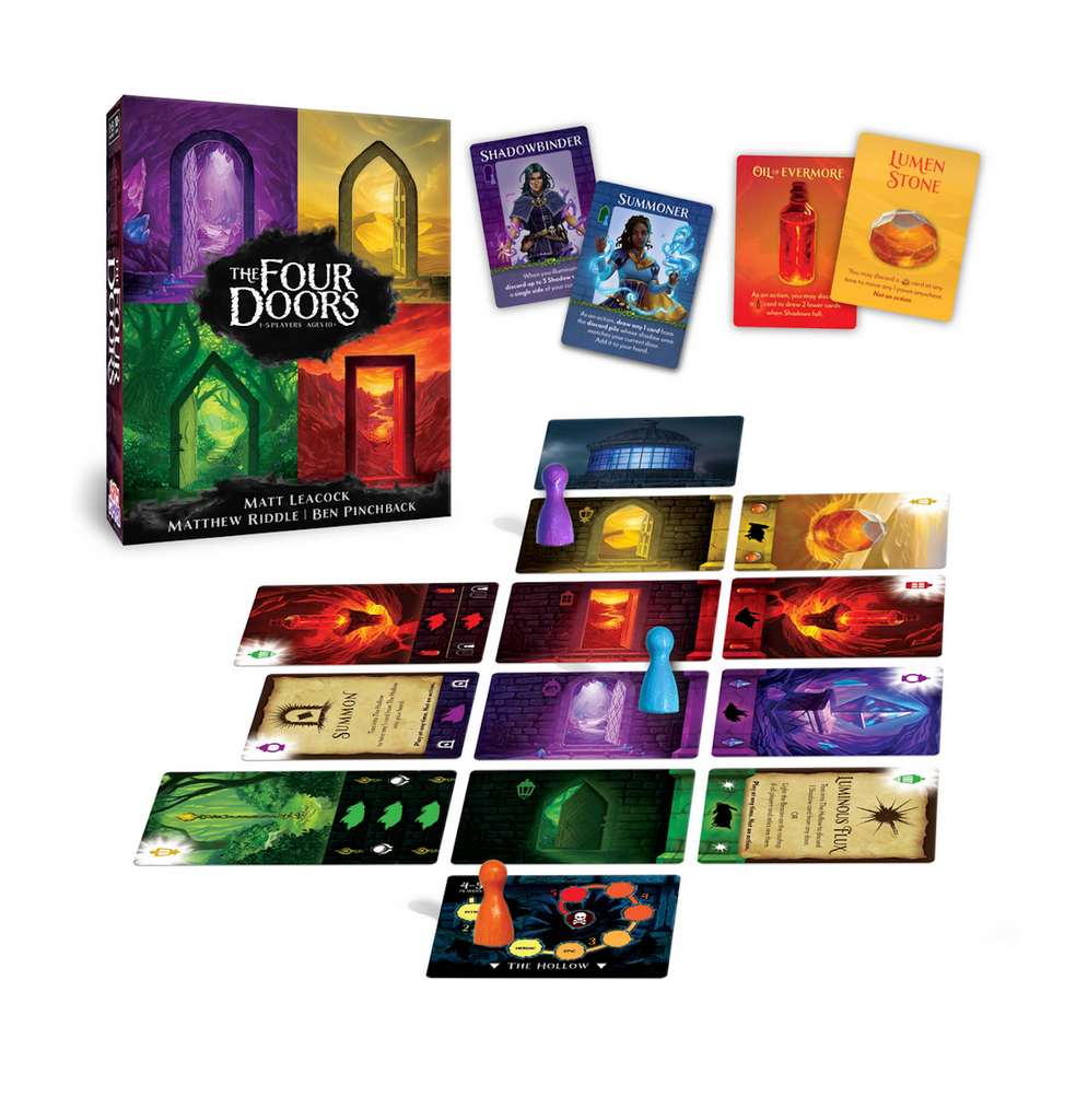 Card game set 'The Four Doors' with cards laid out in game play. 