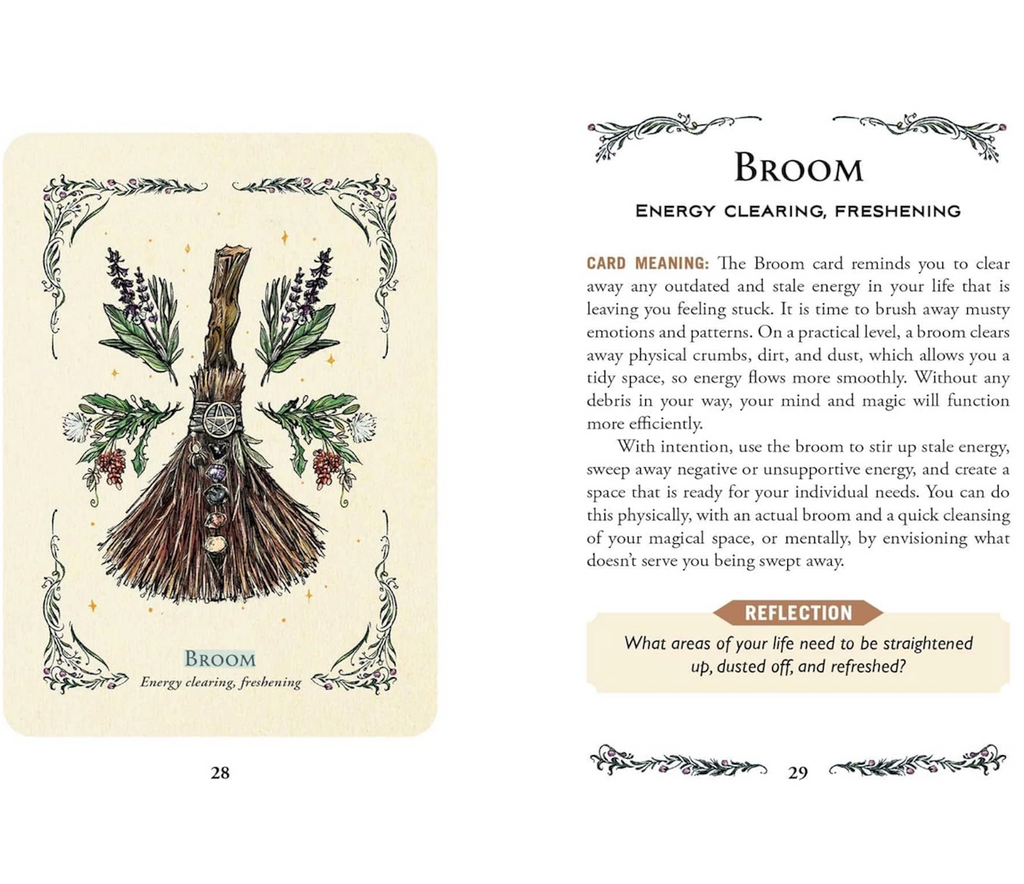Card with a broom illustration and text explaining the symbolism of the broom such as energy clearing and freshening, included inn The Green Witch's Oracle Deck. 