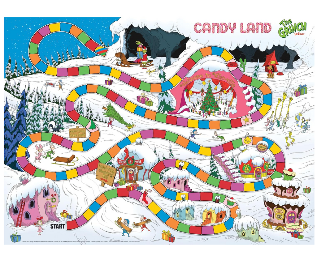 Candy Land board game with festive scenes and characters from The Grinch. 