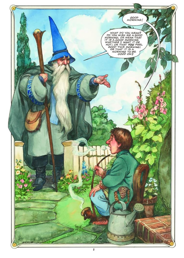 Interior page from The Hobbit Graphic Novel with an illustration of Gandalf and Bilbo Baggins. 