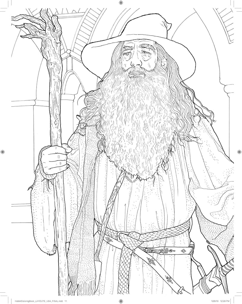 Internal page from "The Hobbit Movie Trilogy Coloring Book" with an illustration of Gandalf to be colored in. 