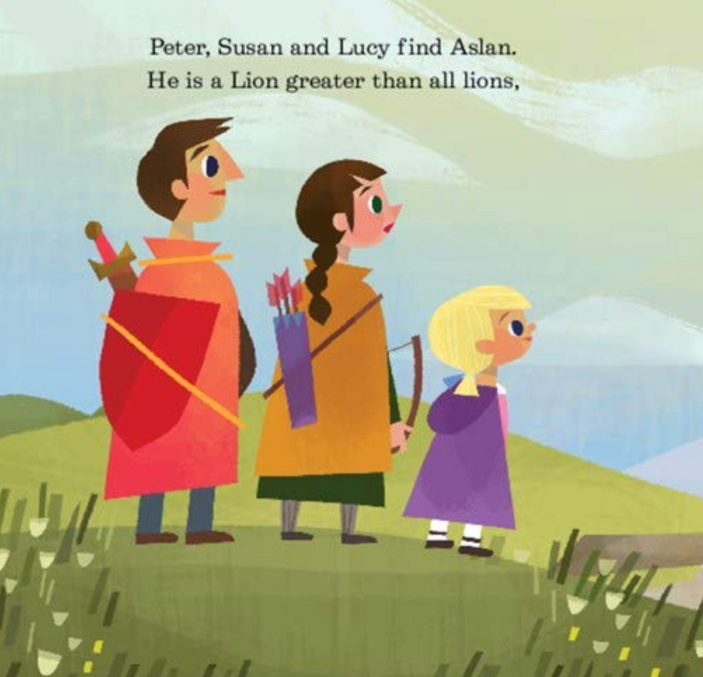 Illustration of Peter, Susan and Lucy  standing in a field searching for Aslan the Lion. 