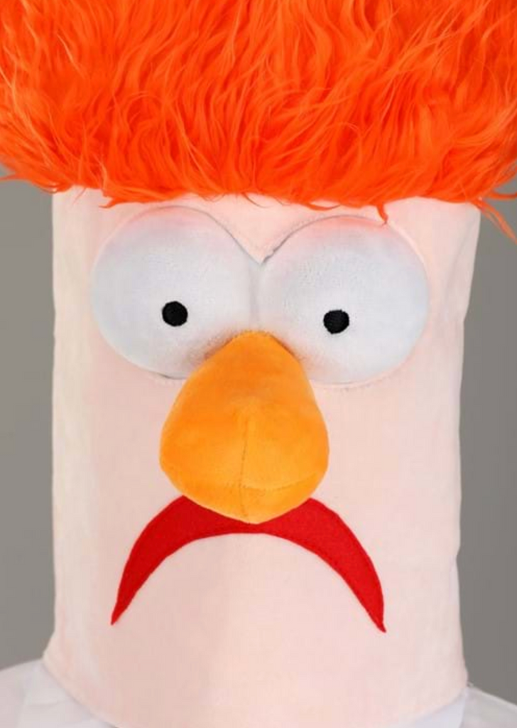 AN extreme close up of Beaker's face on the front of the The Muppets Beaker Full Head Mask.