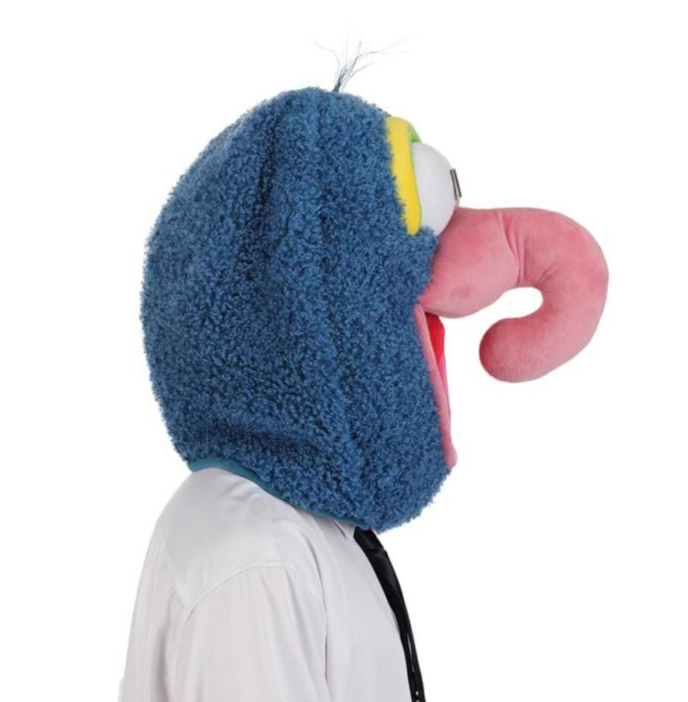 Side view of the Gonzo plush, costume mask. 