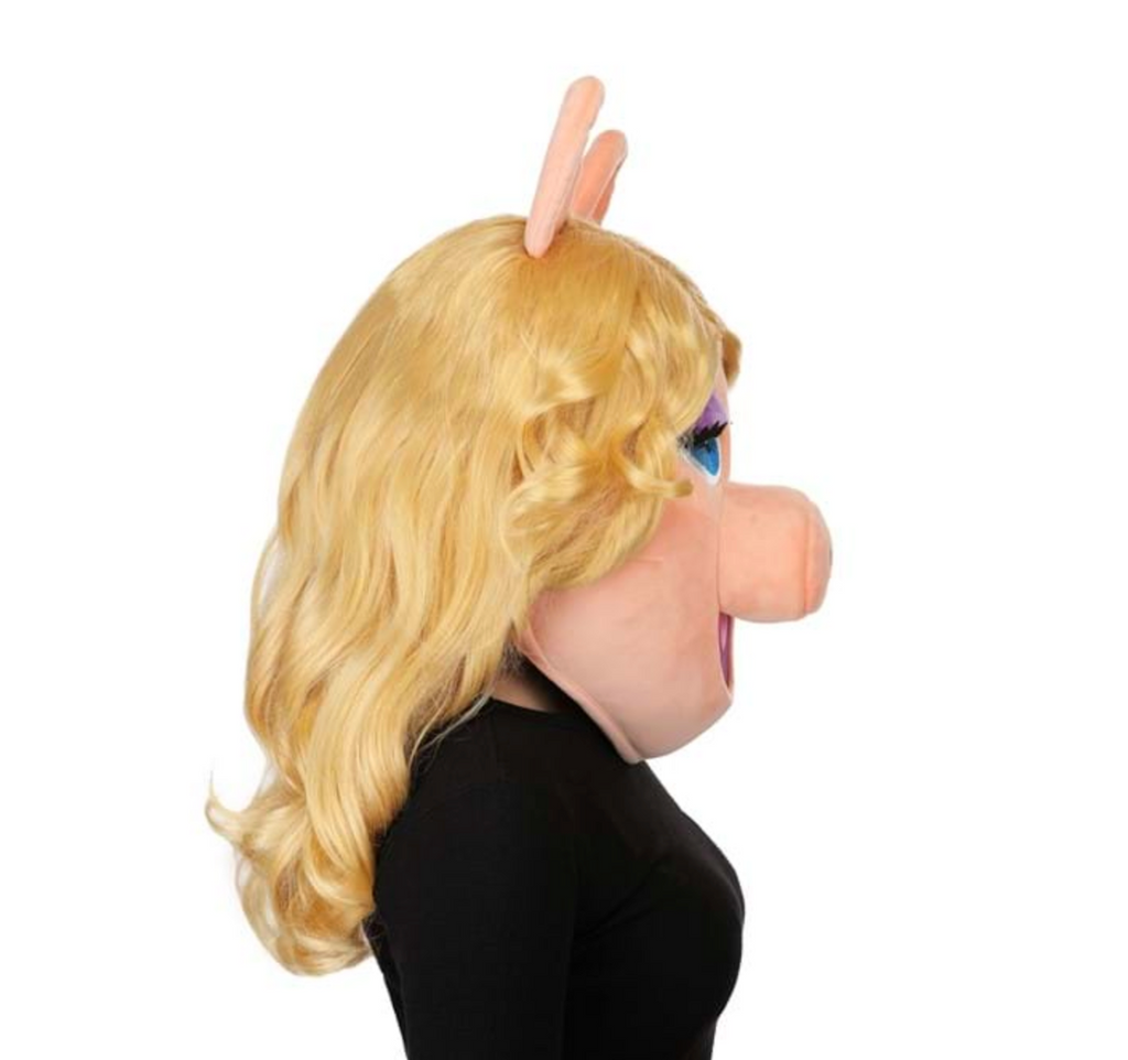 Miss Piggy from The Muppets giant costume mask complete with long blonde hair viewed from the side. 