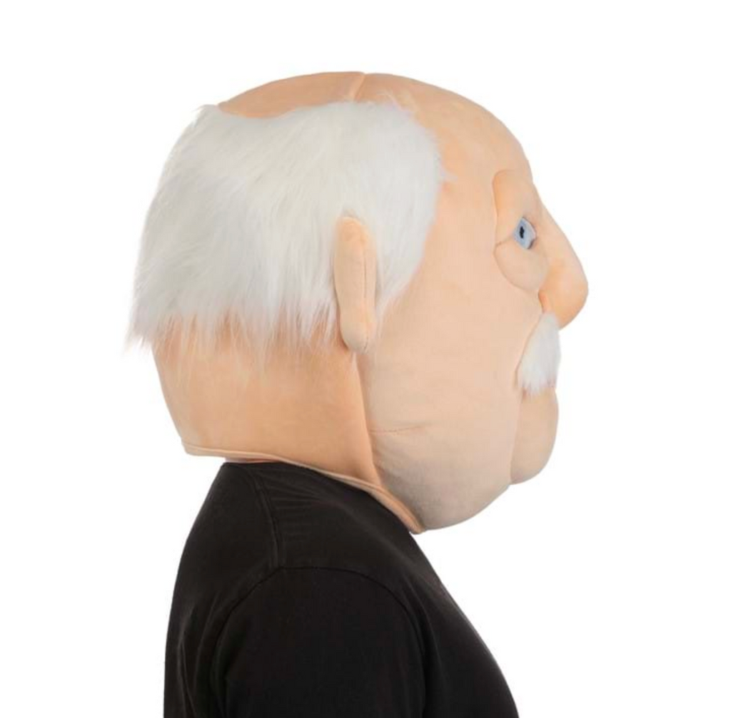 Side view of a person wearing the giant Waldorf Costume Mask from The Muppet Show. 