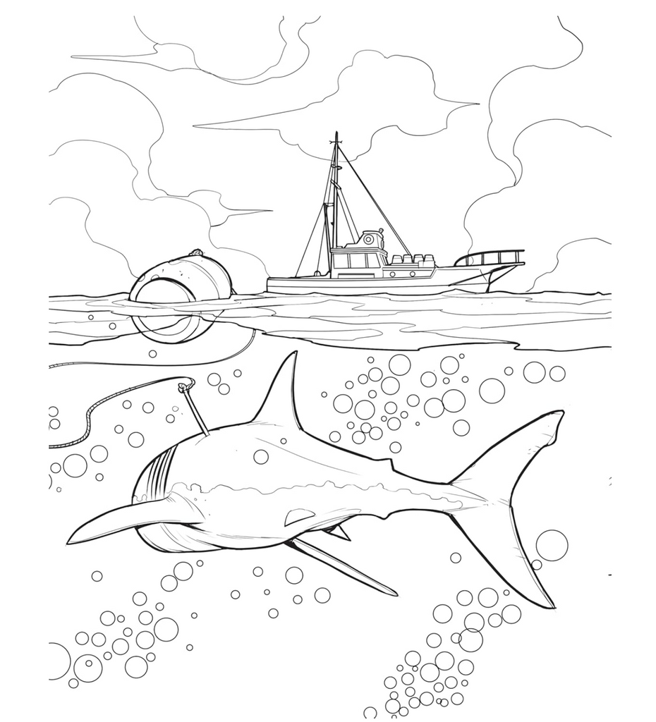 Black and white illustration of a shark and a ship on water with bubbles.