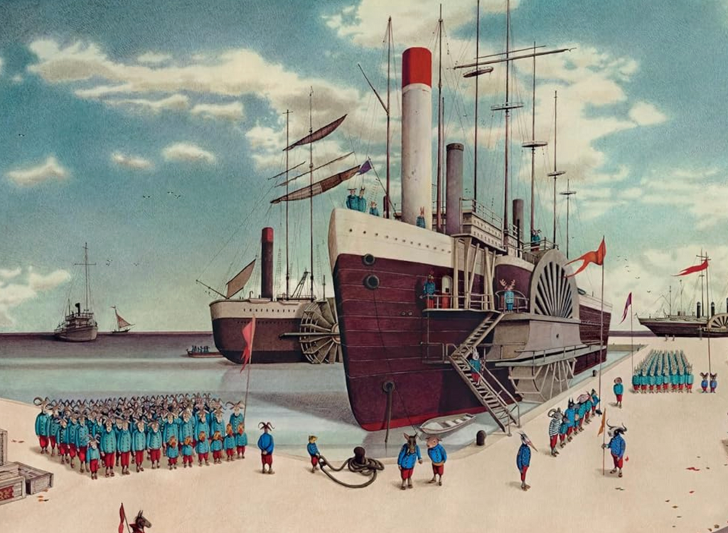 An illustration from an internal page of "The Ordinary Life of Jacominus Gainsborough" that shows a big ship in a harbor with animal sailors in formation on the dock. 