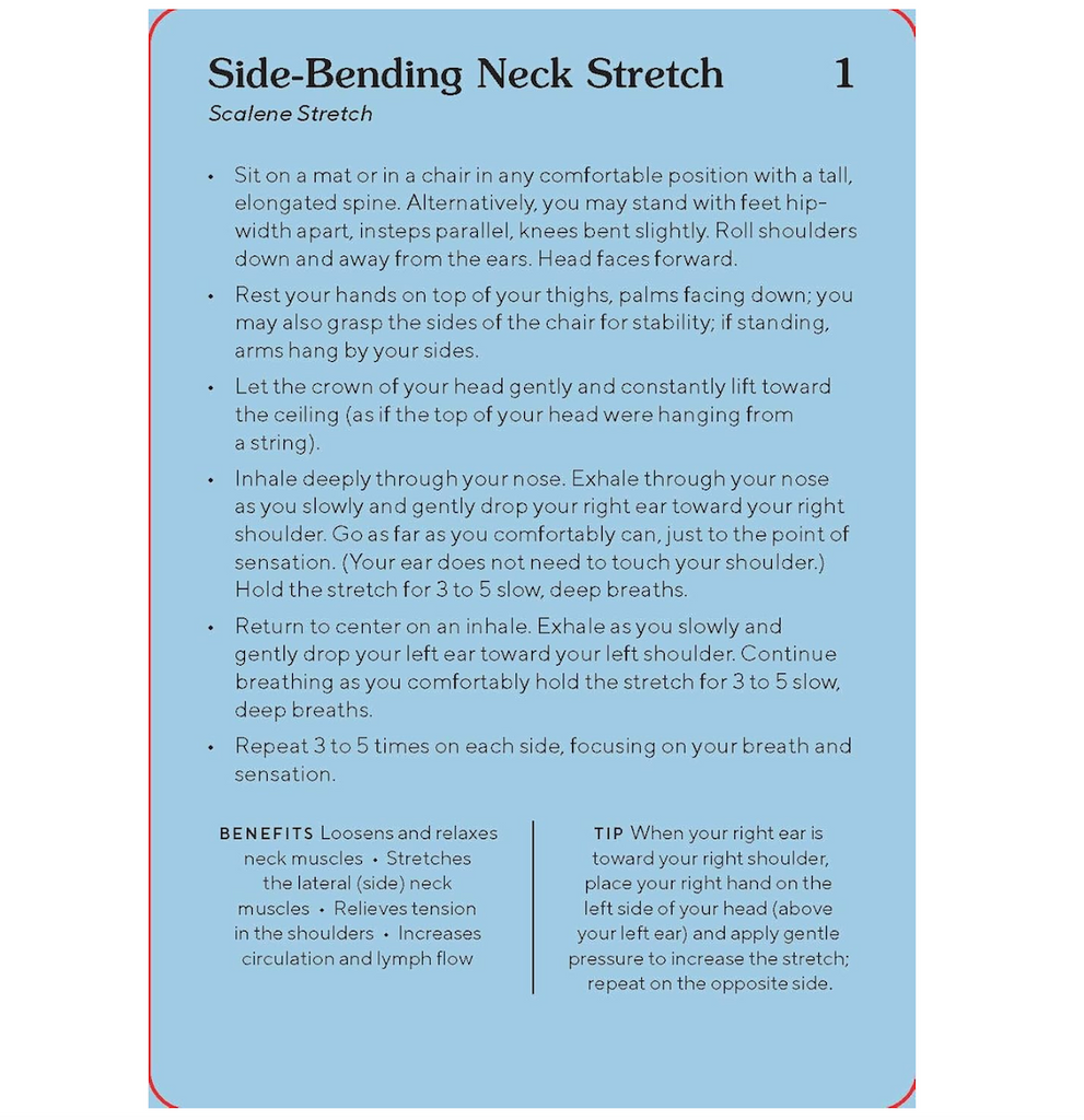 Back side of an card from the Stretch and Breathe Deck with detailed written instructions of the move illustrated on the front side of the card. 