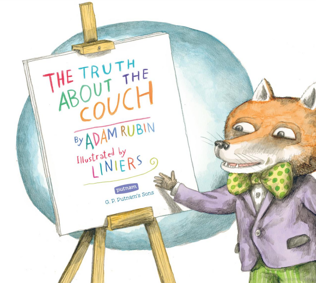 Interior page from "The truth About The Couch" with the main character a fox showing an easel with book title and author and illustrator names.