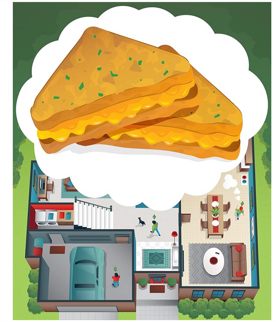 Interior page featuring an illustration of a grilled cheese over the top of a simulated home from the video game The Sims. 
