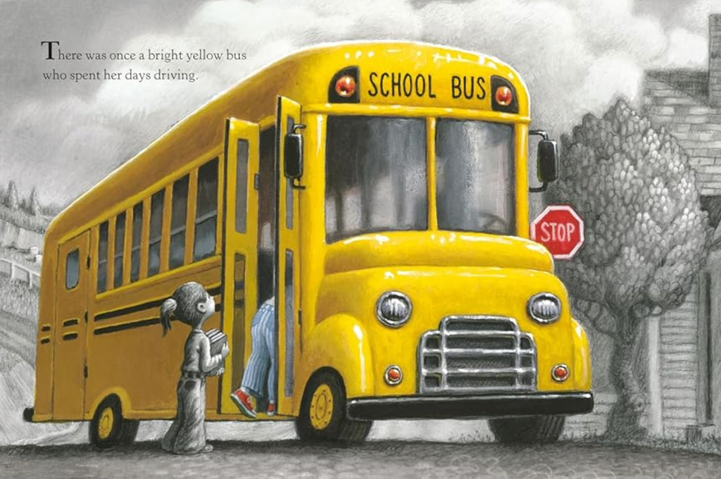 Interior page from "The Yellow Bus" with an illustration depicting kids getting on a bright yellow school bus. 