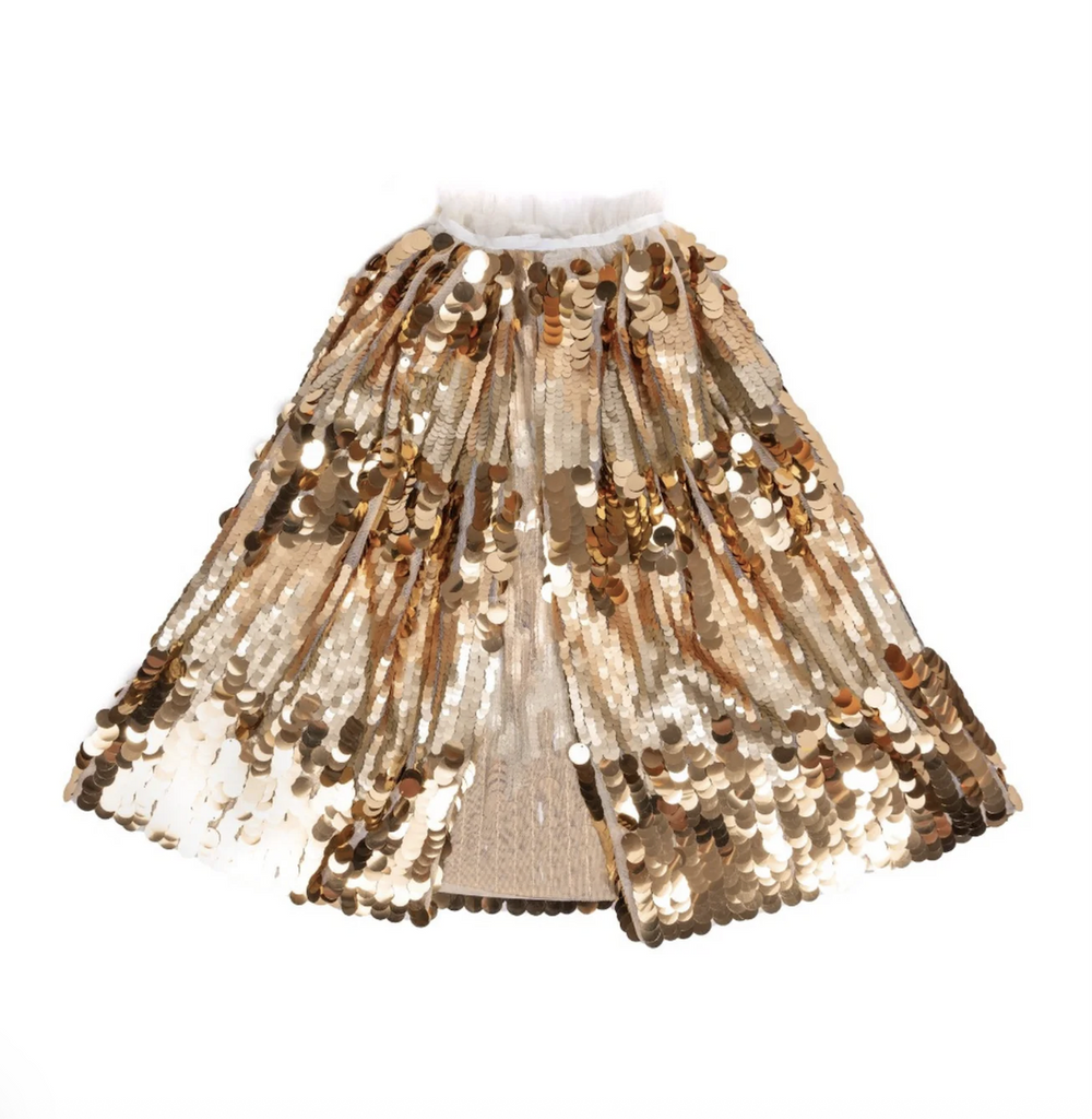 Dress up cape with gold sequins of different sizes in alternating rows that creates a light catching, sparkly effect. 