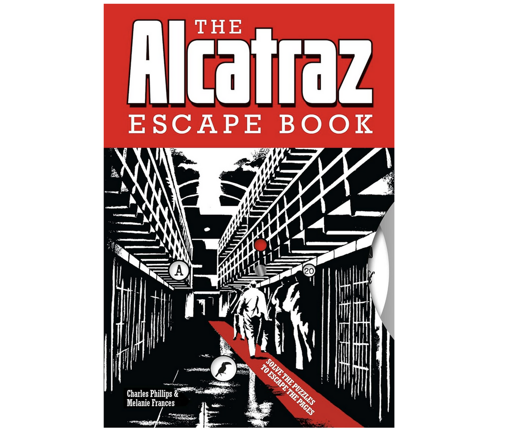 Cover of "The Alcatraz Escape Book"  with a black and white illustration of the interior prison cells. 