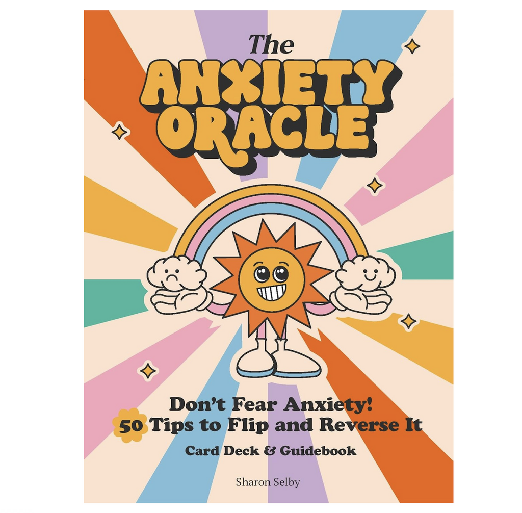 Colorful cover of the box that holds The Anxiety Oracle Deck, featuring a sun with human features holding a rainbow with a smiling and frowning cloud. 
