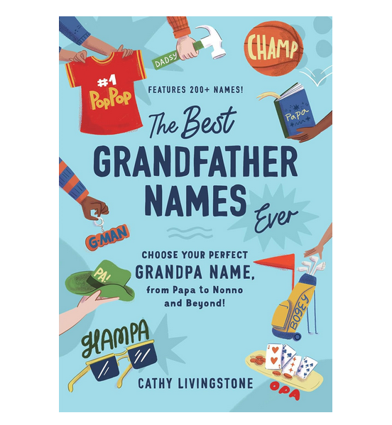 Cover of "The Best Grandfather Names Ever" with a blue background and examples of all the names possible for a new grandfather.
