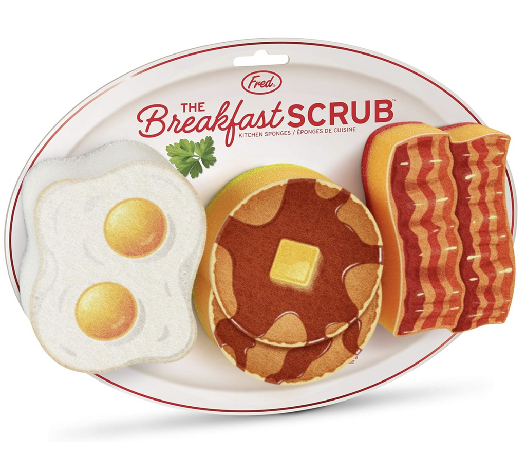 The Breakfast Scrub sponge set on a plate shaped hangcard. 