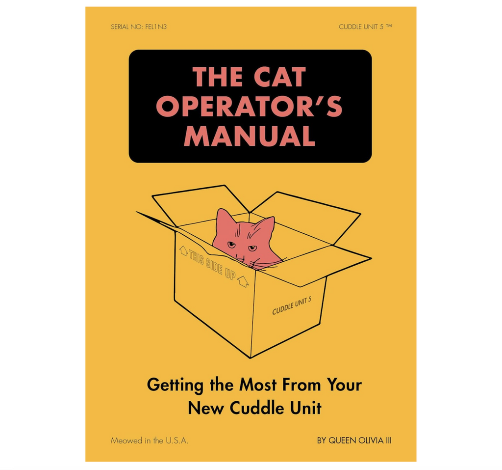 An illustrated cover of "The Cat Operator's Manual" with a line drawing of a pink cat in a box on a mustard yellow background. 