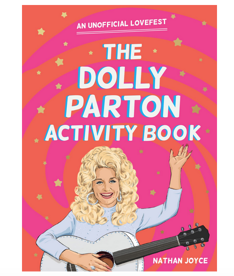 Cover of Dolly Parton Activity Book features an illustration of Dolly Parton holding a white guitar and waving against a pink and orange background.