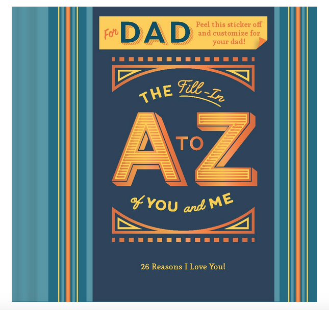 Cover of "The Fill In A to Z of You and Me" book with navy blue, green and yellow stripes. 