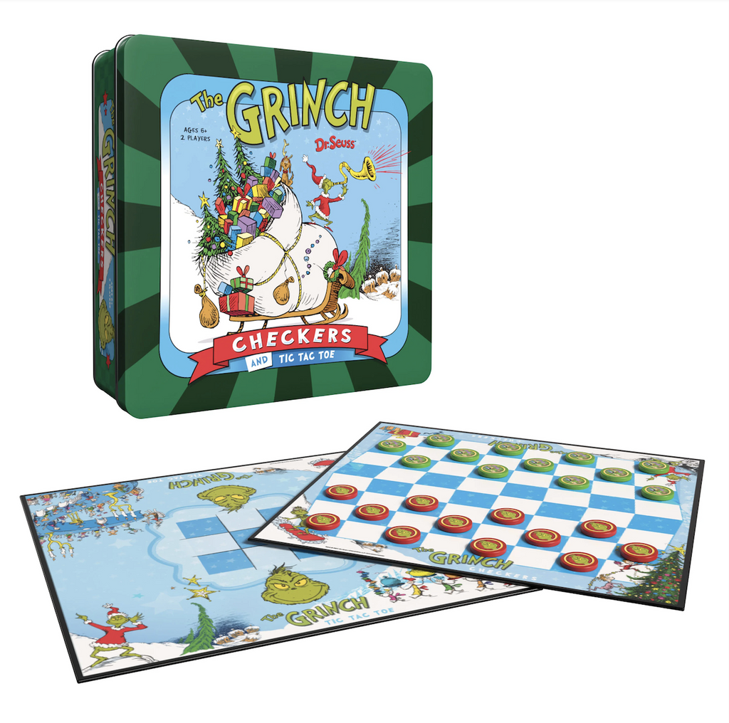Two tone green tin with an illustrated image from The Grinch Who Stole Christmas of his sleigh loaded up with all the beautifully wrapped gifts and Christmas trees he is returning to Whoville. In the foreground is the reversible game board set for checkers and also the Tic Tac Toe board, both with illustrations of The Grinch, and other Whoville characters. 