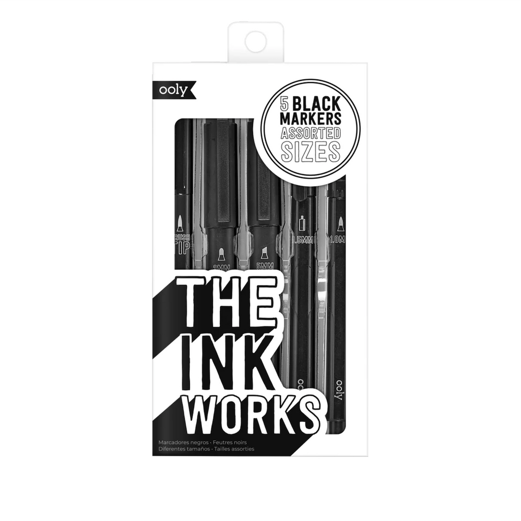 The Ink Works marker set. 5 black markers of assorted sizes packaged in a striking black and white box. 