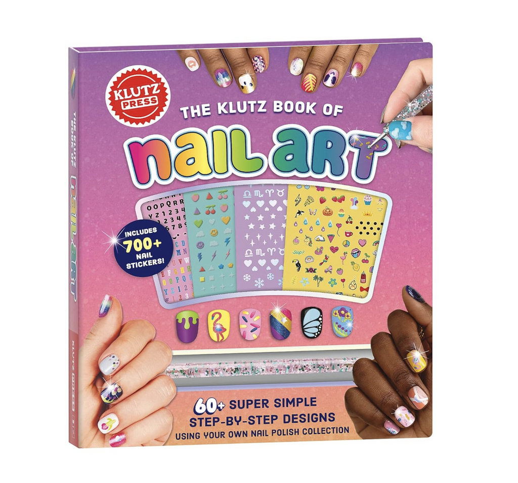 Cover of The Klutz Book of Nail Art with lots of painted nails with decorative stickers, several sticker sheets and tools to create beautiful nail art designs. 
