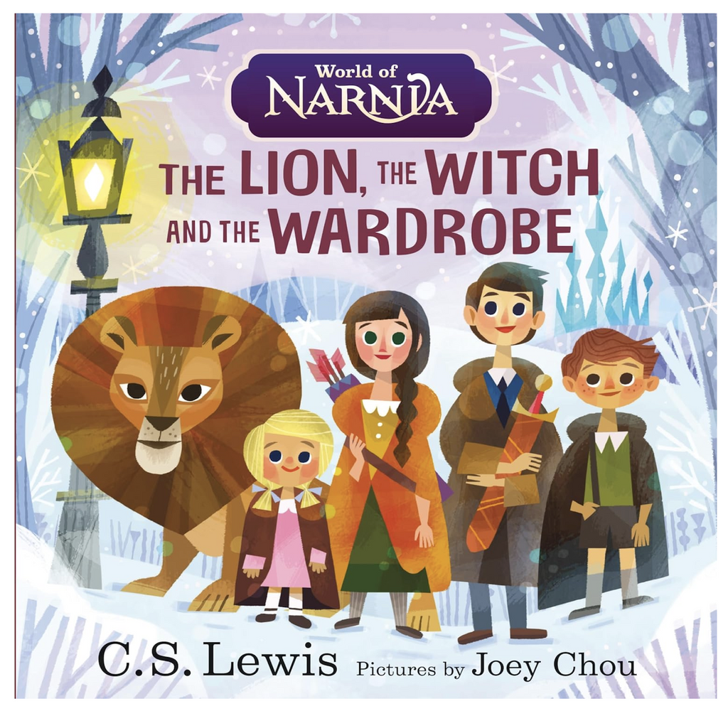 Illustrated cover of The Lion, the Witch and the Wardrobe  featuring Aslan the Lion and the three kids that are the main characters in the story. 