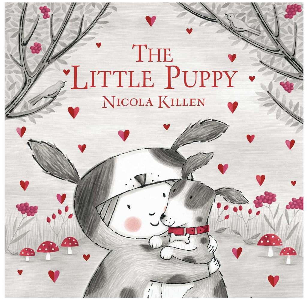 Illustrated cover of the book "The Little Puppy" with a kid dressed in a dog costume hugging a puppy with red hearts, mushrooms and flowers in the background. 