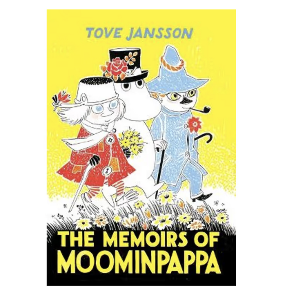 Delightfully illustrated cover of "The Memoirs of Moominpapa" featuring characters from the stories. 